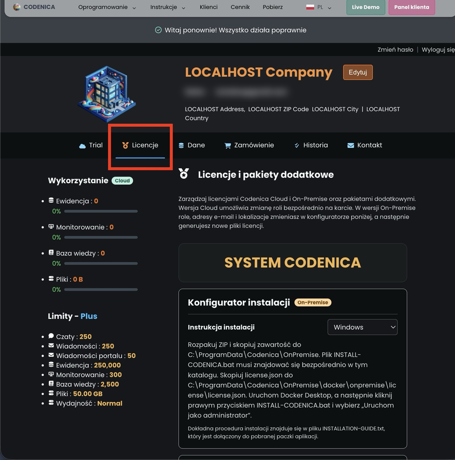 Zaznaczona zakładka Licencje w Panelu klienta Codenica, w której pobiera się pliki potrzebne do instalacji systemu On-Premise.