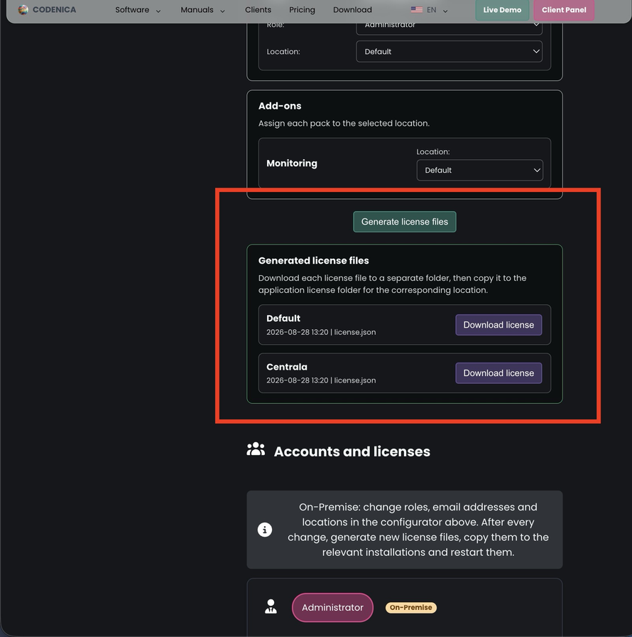 Fichiers de licence Codenica On-Premise générés pour les emplacements d’installation configurés.