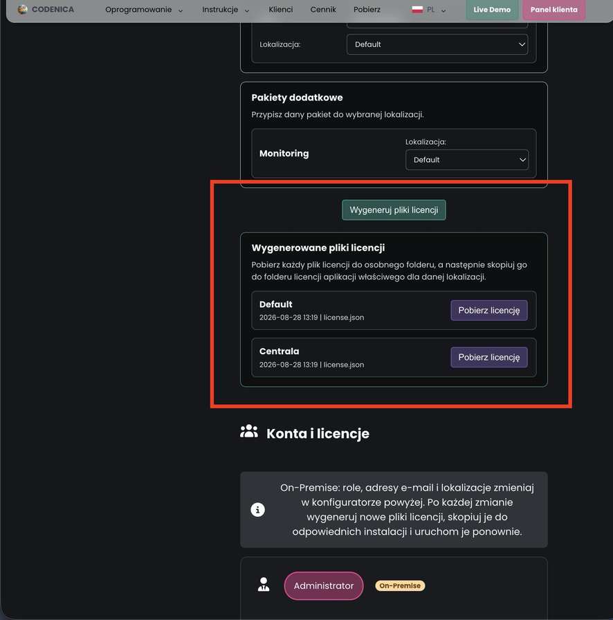 Wygenerowane pliki licencji Codenica On-Premise dla skonfigurowanych lokalizacji instalacji.