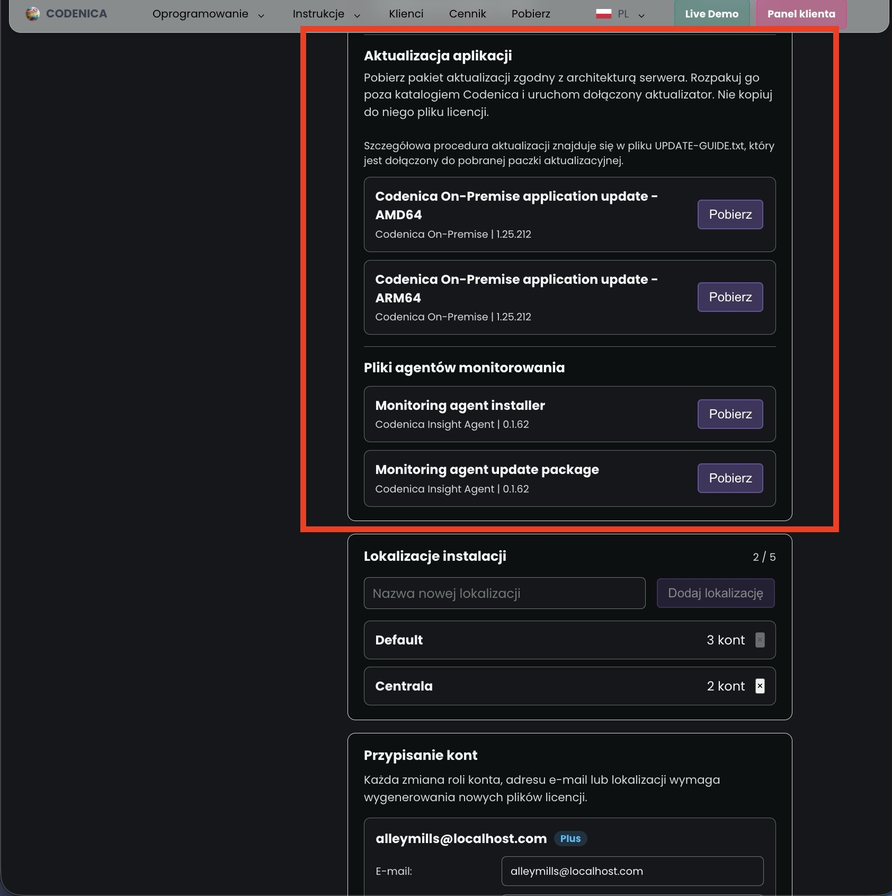 Zaznaczone pliki aktualizacji systemu Codenica On-Premise dla architektur AMD64 i ARM64.