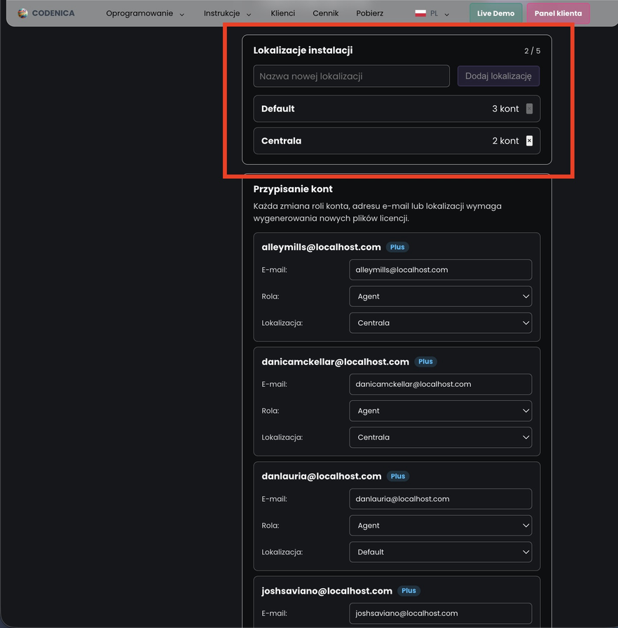 Konfigurator lokalizacji instalacji systemu Codenica On-Premise z dwiema skonfigurowanymi lokalizacjami.