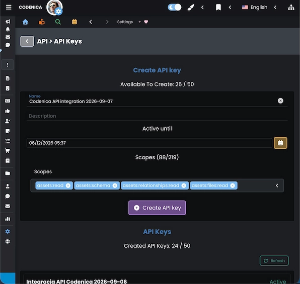 API Keys panel in Codenica settings with the key creation form and the list of permission scopes.