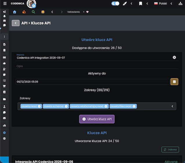 Panel API Keys w ustawieniach Codenica z formularzem tworzenia klucza i listą zakresów uprawnień.
