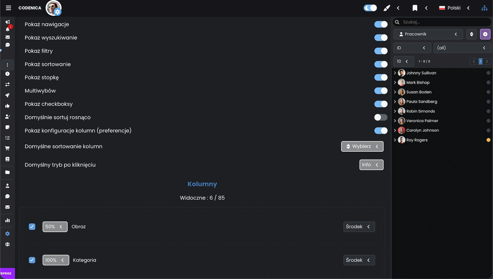Zrzut ekranu przedstawiający opcje dostosowywania widoku tabeli i selektora.